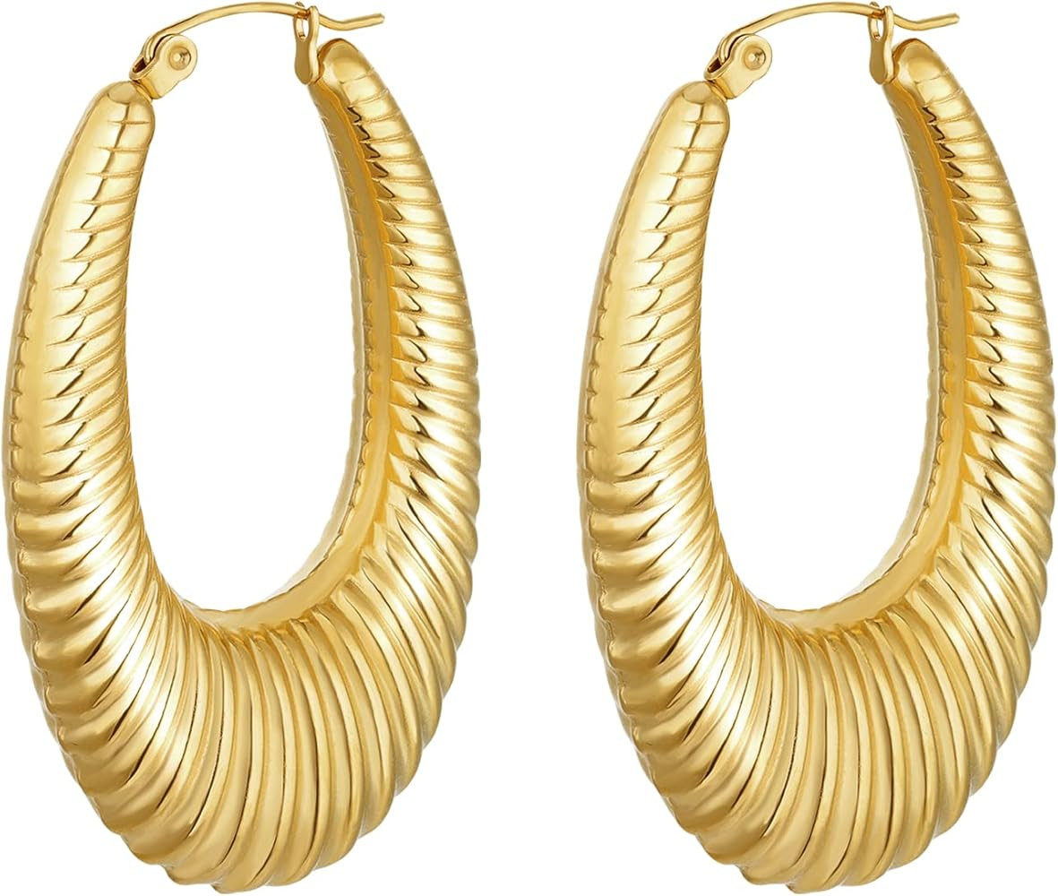 VAttract Chunky Gold Hoop Earrings for Women 18k Gold Plated Round/Oval Hoop Earrings Hypoallerge... | Amazon (US)