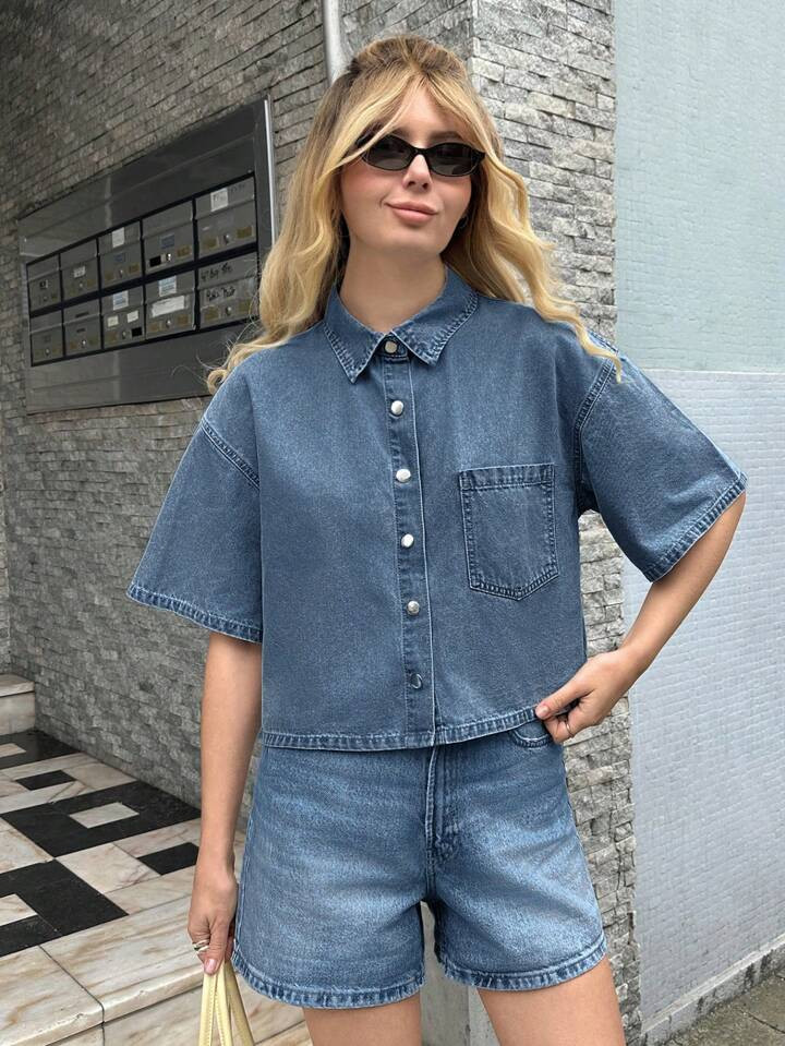 SHEIN Forever 21 Women's Solid Color Short Sleeve Denim Blouse, Fashionable For Summer | SHEIN