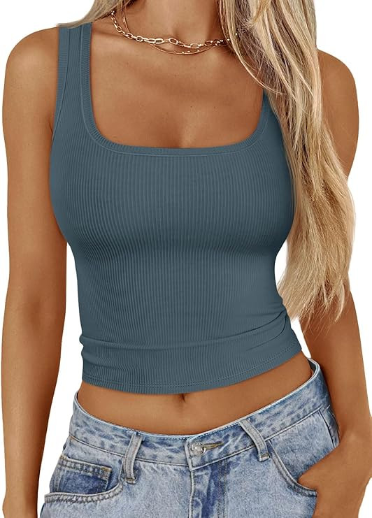 Trendy Queen Womens Square Neck Ribbed Tank Tops Sleeveless Crop Tops Summer Clothes | Amazon (US)
