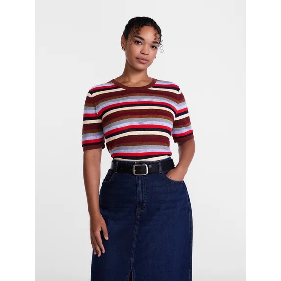 Scenario Women's and Women's Plus Stripe Sweater with Short Sleeves, Sizes XS-4X | Walmart (US)