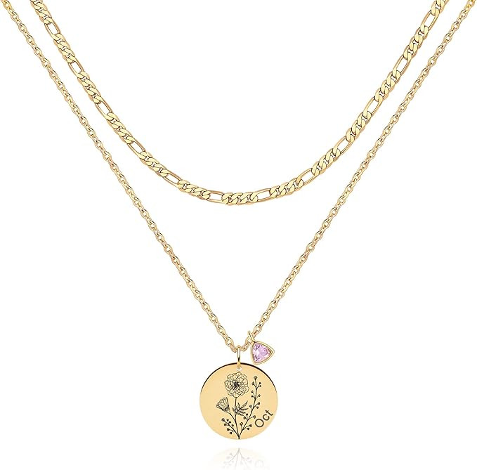 MTMY Birth Flower Necklaces, 18K Gold Plated Dainty Birth Flower with Birthstone Pendant Necklace... | Amazon (US)