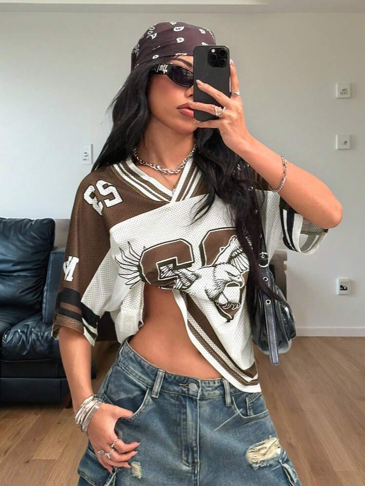 Coolane T-Shirt De Football Femme Vintage À Motif Numéro En Maille Respirante, Streetwear Y2K Pour Le Printemps Et L'été | SHEIN