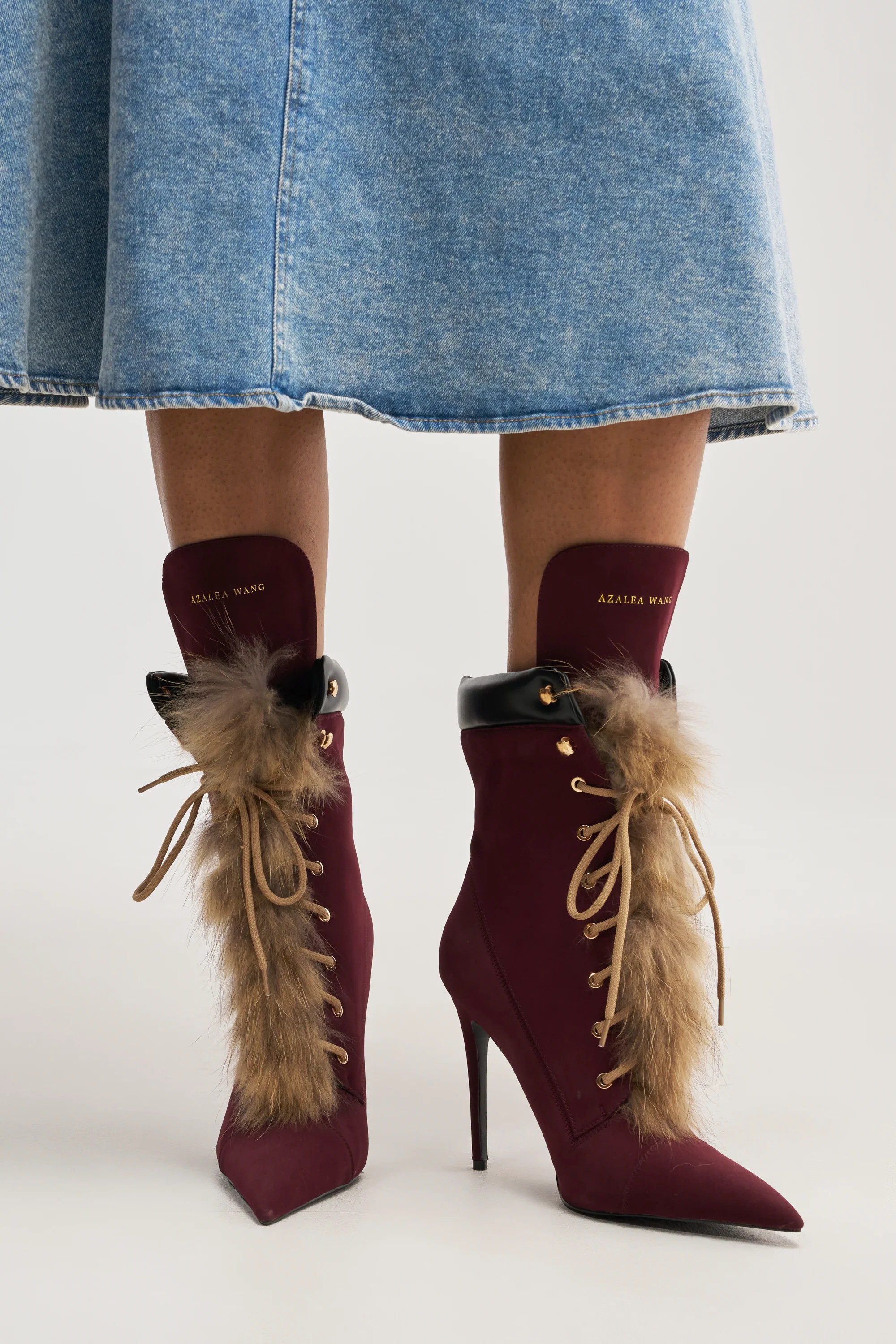 AKIRA GOLD NYMERA BURGUNDY STILETTO BOOTIE WITH FUR | AKIRA