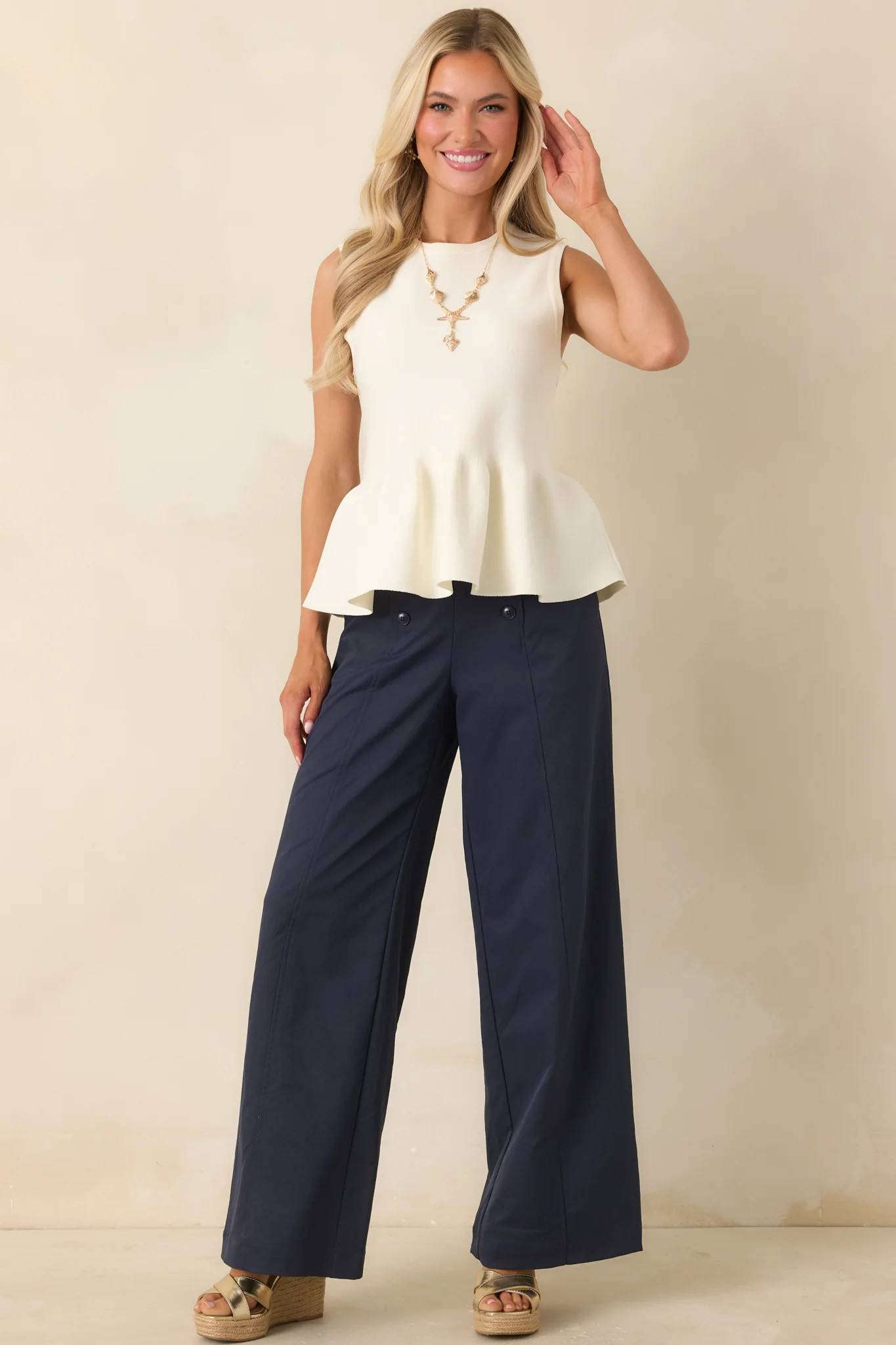 It Just Works Ivory Knit Sleeveless Peplum Top | Red Dress