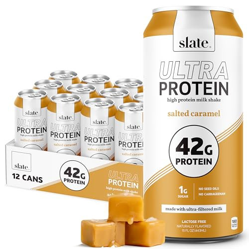 Slate Milk -Ultra Protein Shake-Salted Caramel-42g Protein,1g Sugar,180 Calories,1g Net Carbs-Lactose Free,No Added Sugar-Made with Ultra Filtered Milk- Breakfast Boost,Post Workout- 15 fl oz,12 Cans | Amazon (US)