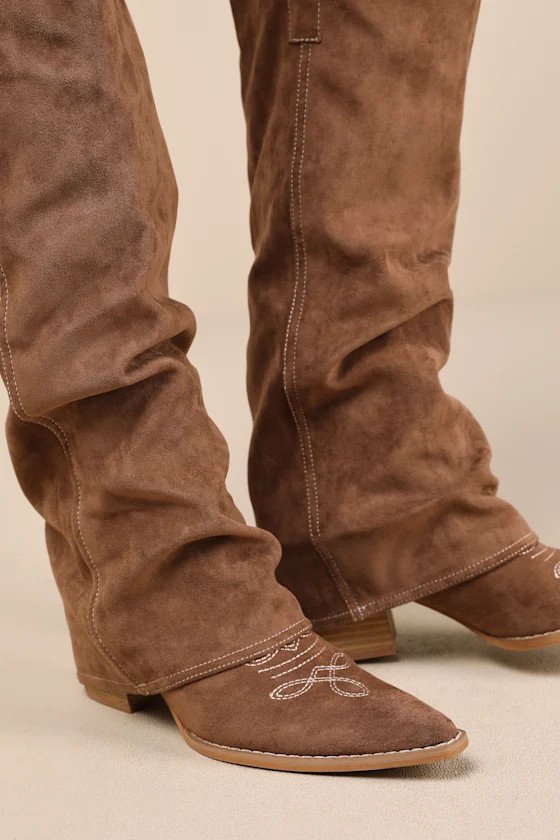 Emiliya Brown Suede Fold-Over Knee-High Western Boots | Lulus