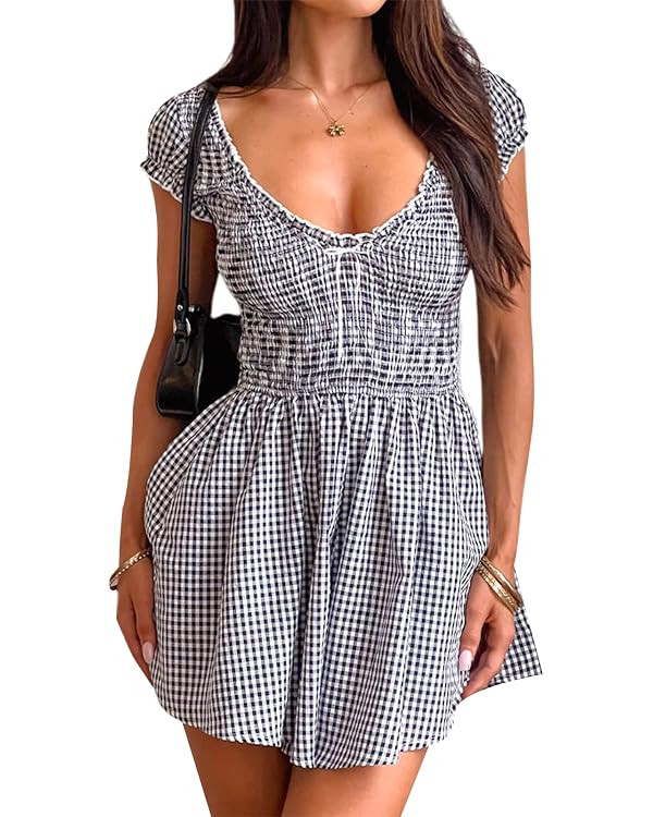 Women Y2k Summer Gingham Romper V-Neck Short Sleeve Jumpsuit Smocked Wide Leg Plaid Shorts Dressy... | Amazon (US)