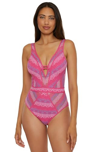 BECCA Color Play - Women's One Piece Swimsuit, Plunge Neck, Crochet, Bathing Suits for Women, Pink Flamingo, X-Large | Amazon (US)