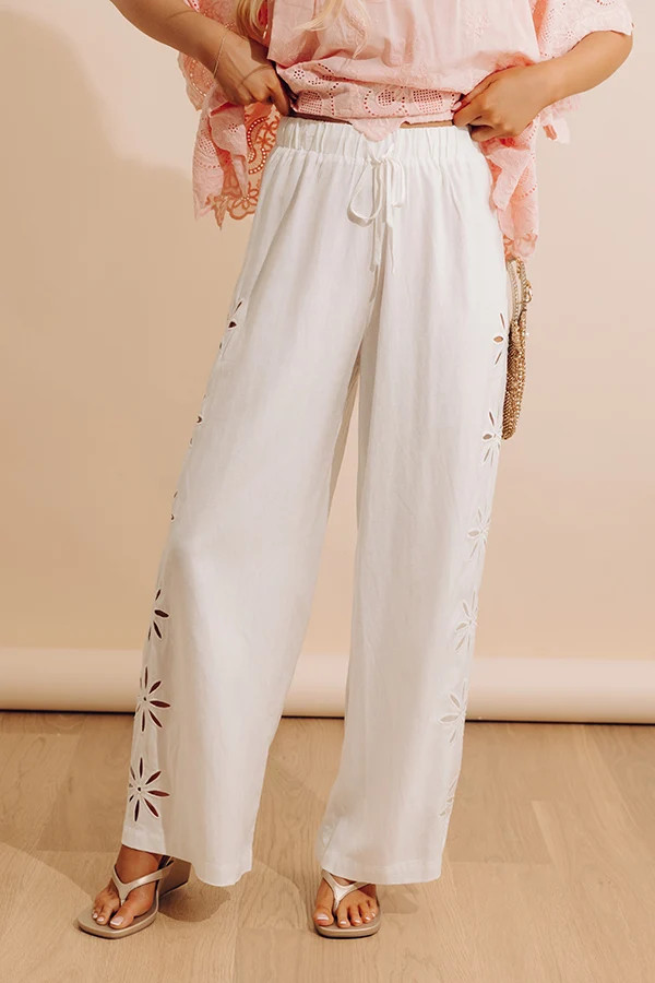 Sicily Stroll High Waist Linen-Blend Embroidered Pants in White | Impressions Online Boutique