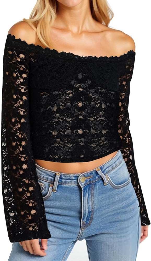 HGps8w Womens Off The Shoulder Lace Crop Tops Trendy 2025 Sexy See Through Long Sleeve Chic Crop ... | Amazon (US)