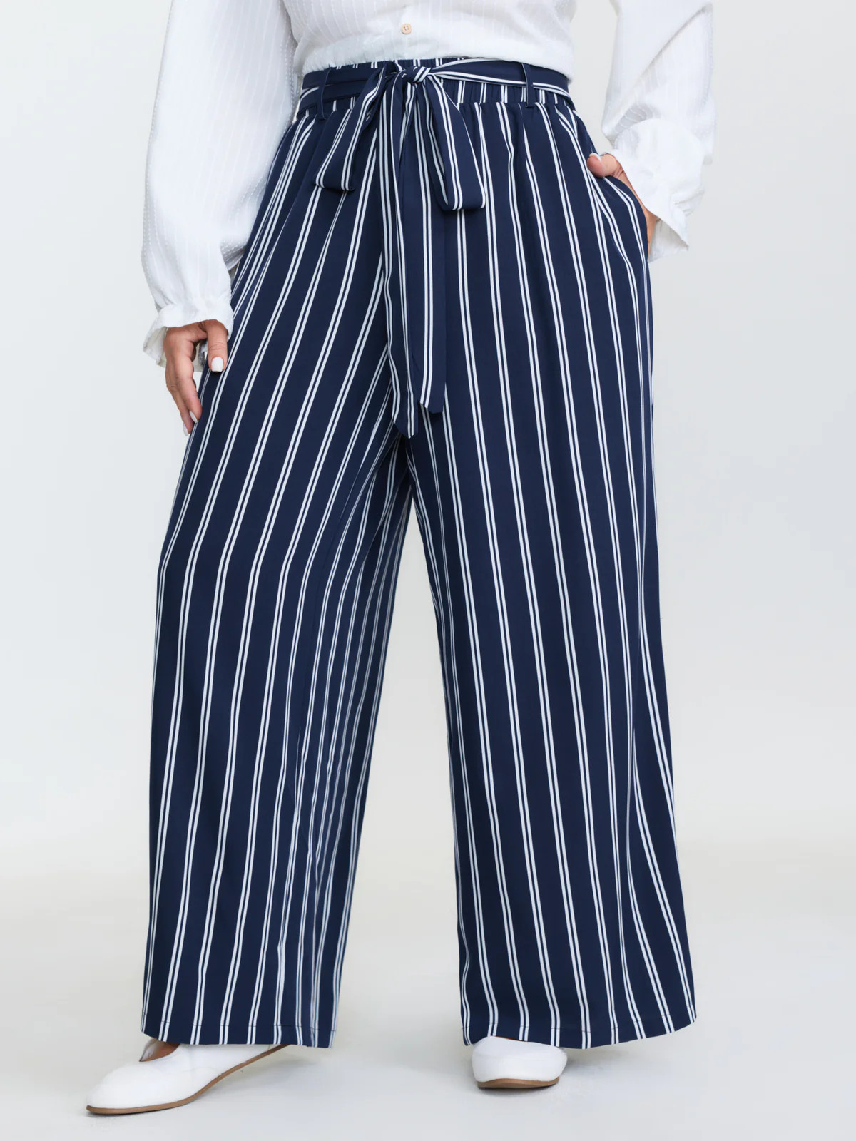 Striped Belted Straight-Leg Pants | Bloomchic