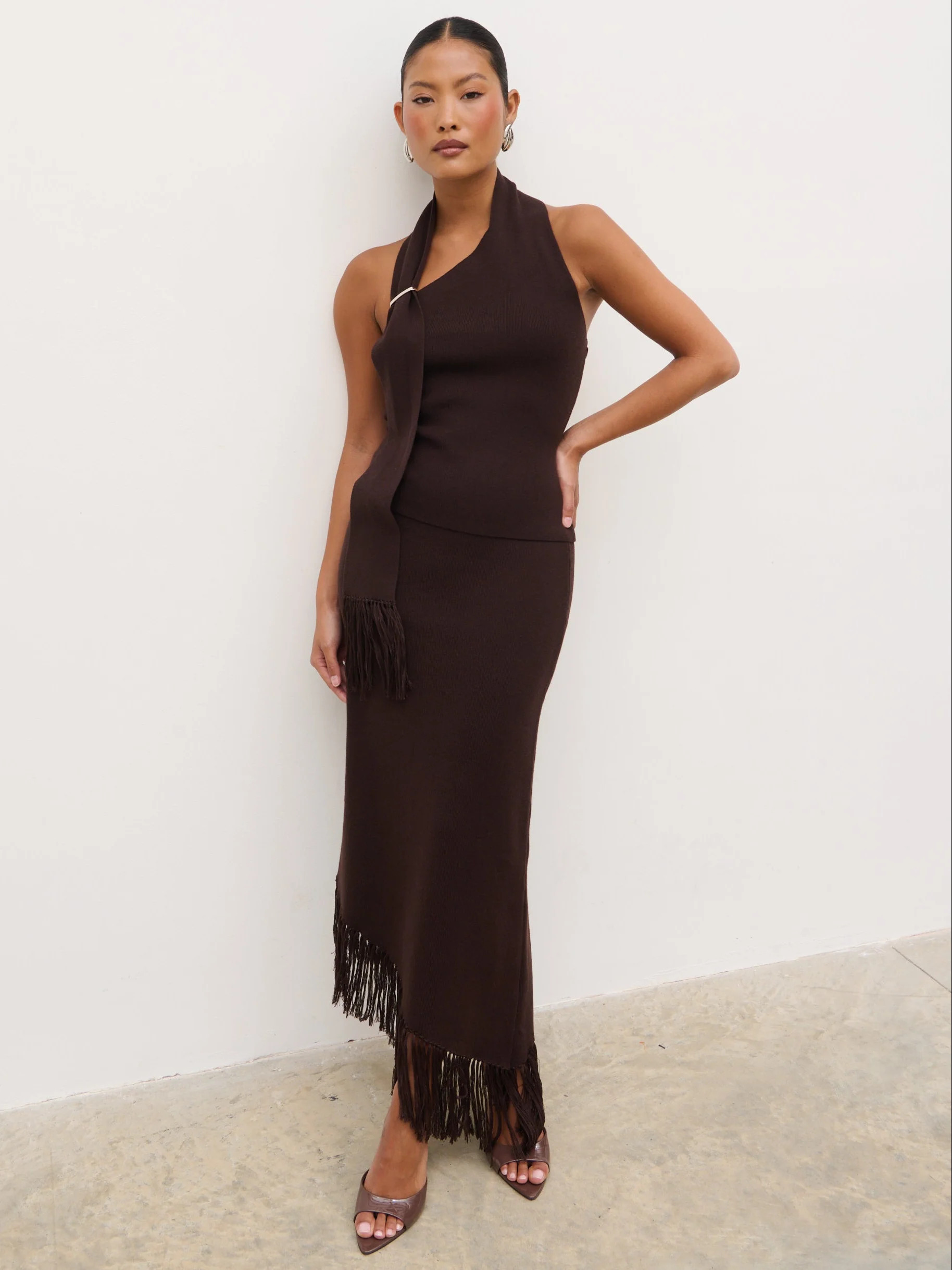 Polly Fringe Knit Maxi Skirt - Chocolate | Pretty Lavish (UK)