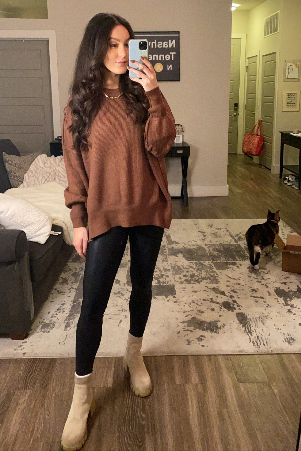 Friday night’s #OOTN 

Amazon sweater (size up for oversized look)
Spanx faux leather leggings
Steve Madden boots TTS

#LTKHoliday #LTKSeasonal #LTKshoecrush