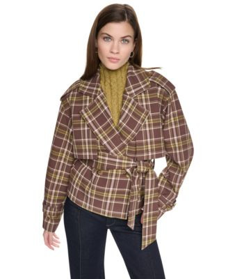 Dkny Jeans Women's Double Breasted Short Trench Jacket - Tribeca Plaid Chestnut | Macy's