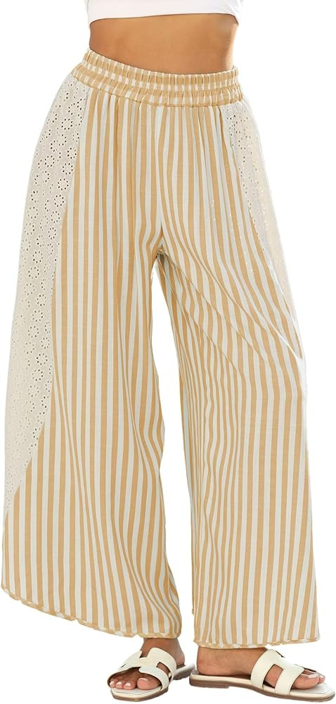 Athlisan Womens Summer Casual Loose Striped Wide Leg Lounge Pants Elastic Waist Palazzo Trousers | Amazon (US)