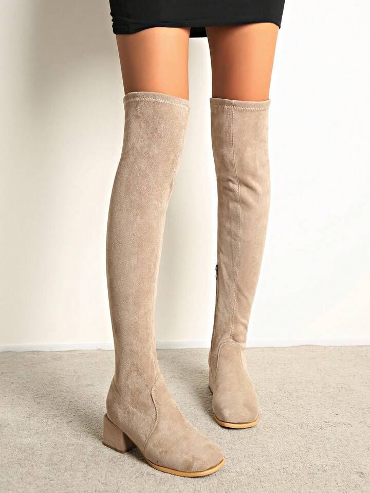 Women's Over-the-knee Zipper Closure Square Toe Chunky Heel Boots | SHEIN