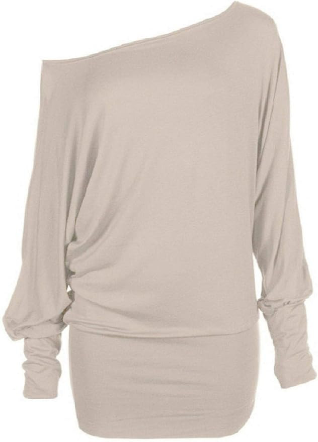 Womens Off Shoulder Batwing Long Sleeve Top Ladies Casual Wear Comfy Fit Shirt Plain Jumper Top | Amazon (US)