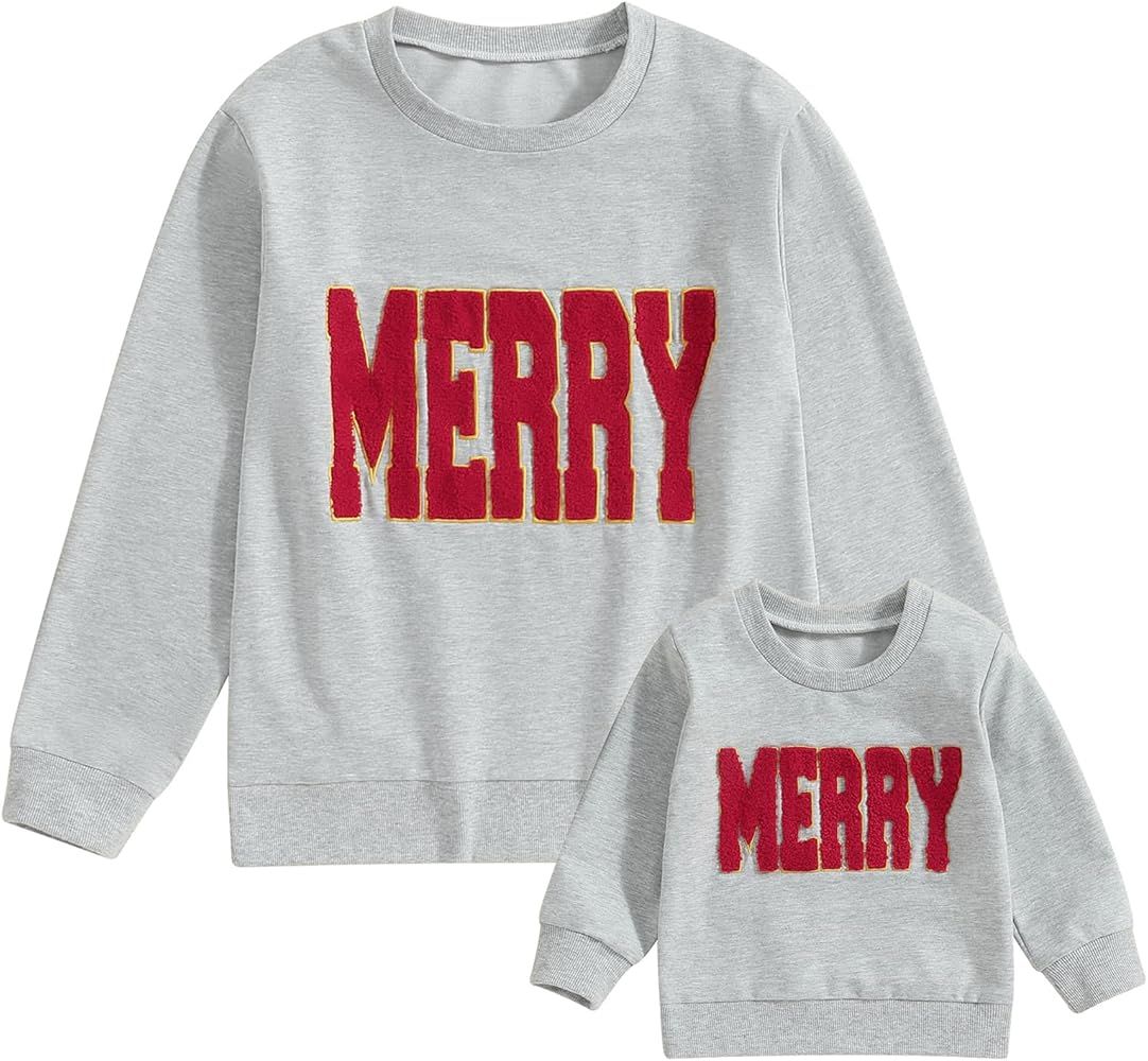 Mommy and Me Family Matching Outfit Merry Christmas Patch Sweatshirt Long Sleeve Pullover Tops | Amazon (US)