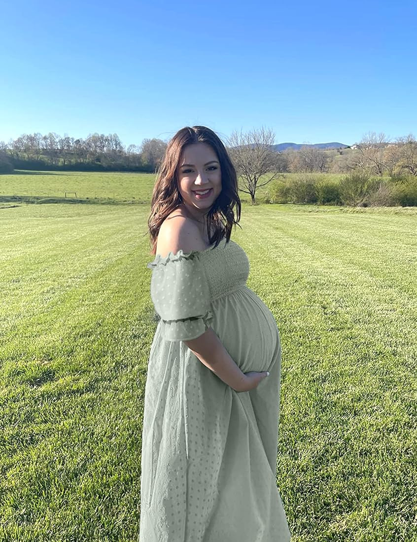 Puff Sleeve Swiss Dot Maternity Dress/Square Neck Smoked Midi Dress Summer Baby Shower | Amazon (US)