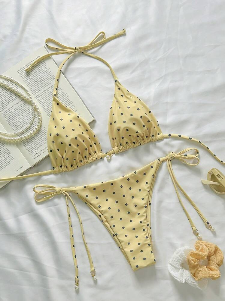 Swim Mod Springbreak Women's Polka Dot Print Halter Tie Front Bikini Set Set, Random Print For Summer Beach Vacation | SHEIN