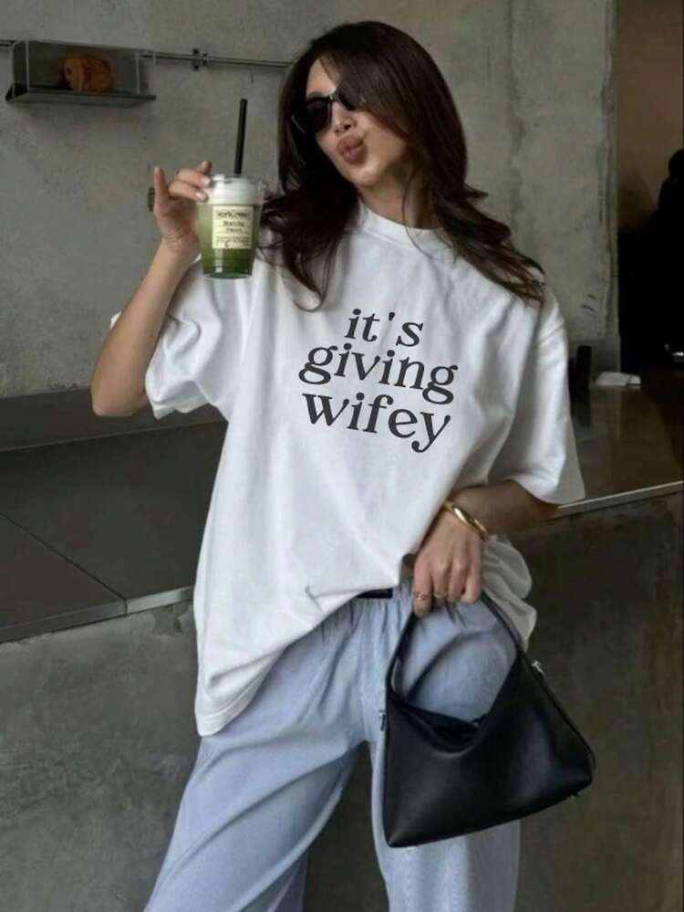 Women's Slogan Print Crew Neck Short Sleeve Casual T-Shirt, Gift For Wife, Newlyweds, Engagement,... | SHEIN