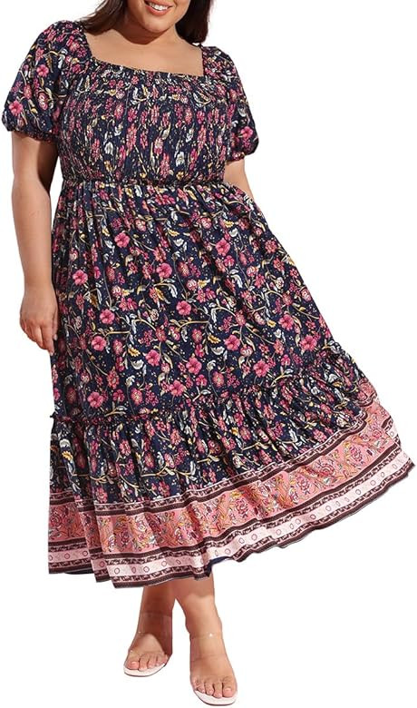CARCOS Plus Size Dresses for Curvy Women Square Neck Puff Sleeve Boho Dresses Smocked Maxi Summer... | Amazon (US)