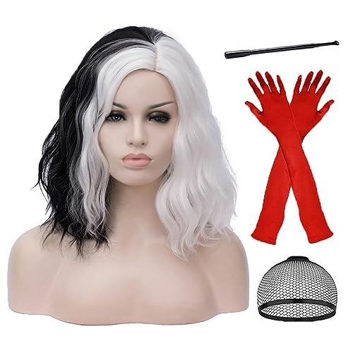 Mildiso Black White Wigs for Cruella Deville Costume Women Cruella Deville Wig with Gloves Short Curly Wavy Hair Wig with Wig Cap M126BW | Amazon (US)