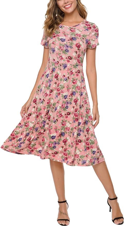 Women's Summer Casual T Shirt Dresses Floral Short Sleeve Flared Midi Dress | Amazon (US)