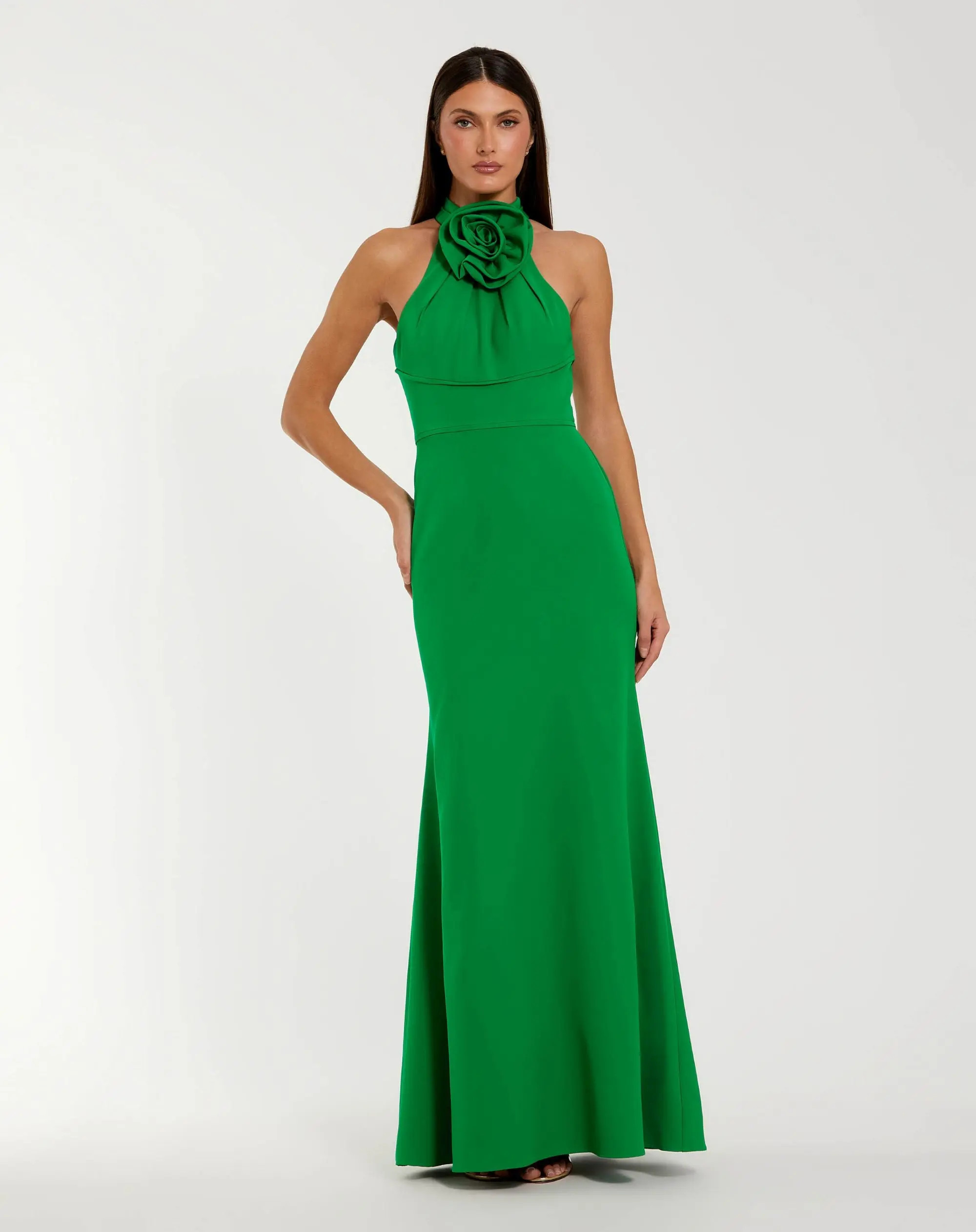 Green Sleeveless Halter Neck Gown with Rosette Detail | Mac Duggal | Mac Duggal