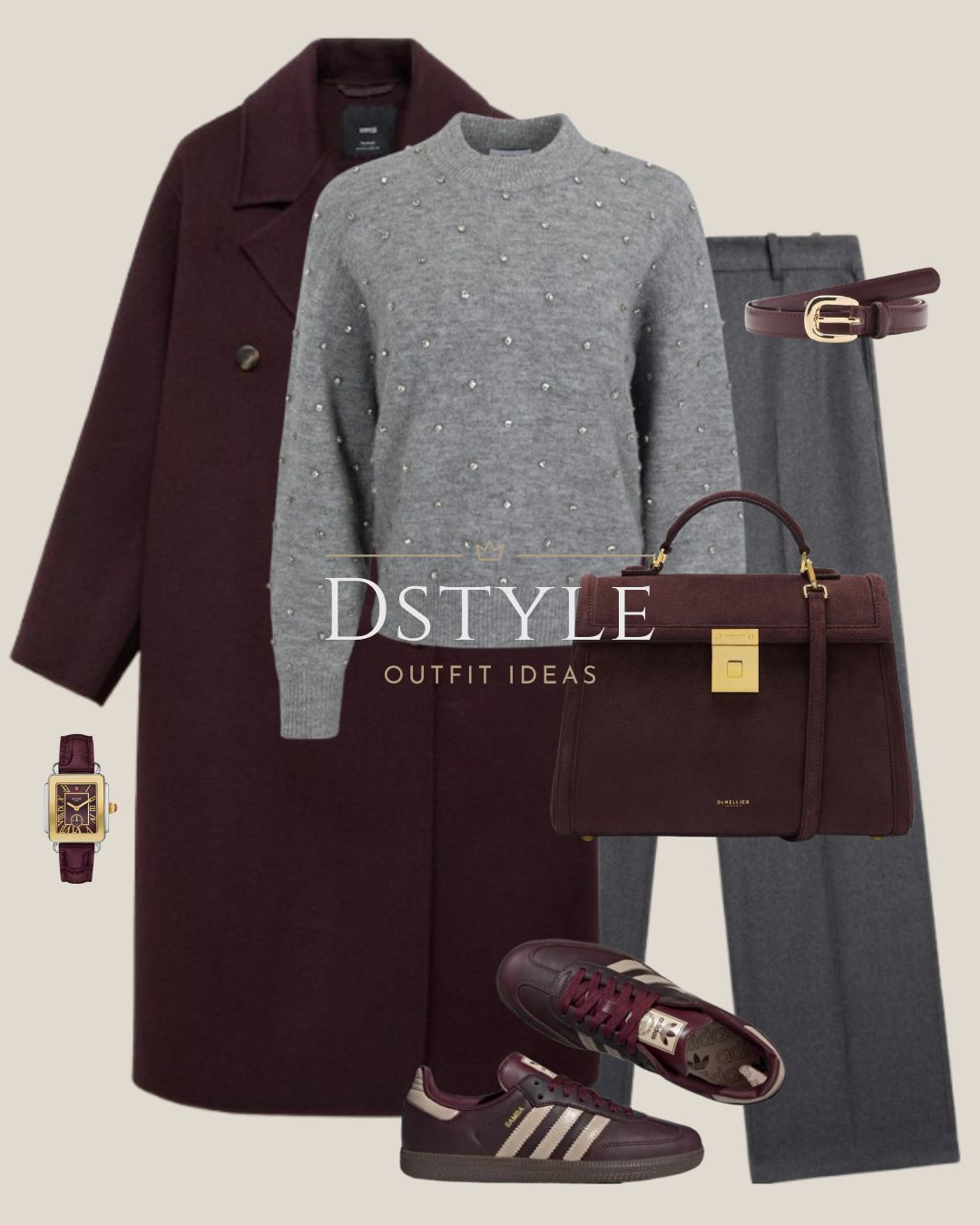 The Power of Polish: Structured Bag & Statement Watch. ✨ Obsessed with the details in this look! The wool burgundy coat and shimmering embellished gray knit provide great texture, while the structured top-handle bag and classic gold watch add a touch of timeless elegance. Perfect for elevating your casual Friday or weekend chic look. Find all the links for this entire outfit below! 

 #BurgundyBag #AdidasSamba #GrayTrousers #ElegantOutfit #WinterFashion #OutfitInspo #ShopTheLook #LTKaccessories #LTKootd #LTKFindsUnder100 #LTKWorkwear