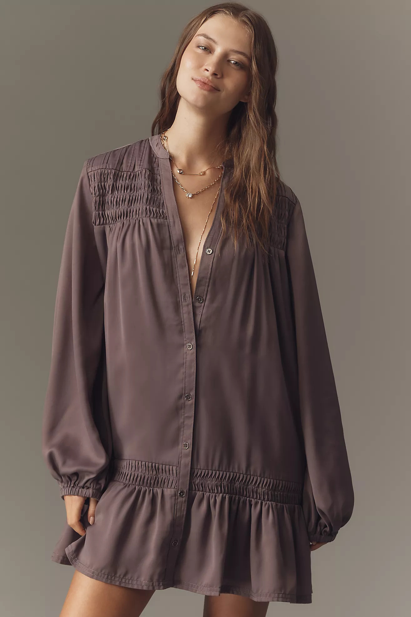 Pilcro Long-Sleeve V-Neck Mini Shirt Dress | Anthropologie (US)
