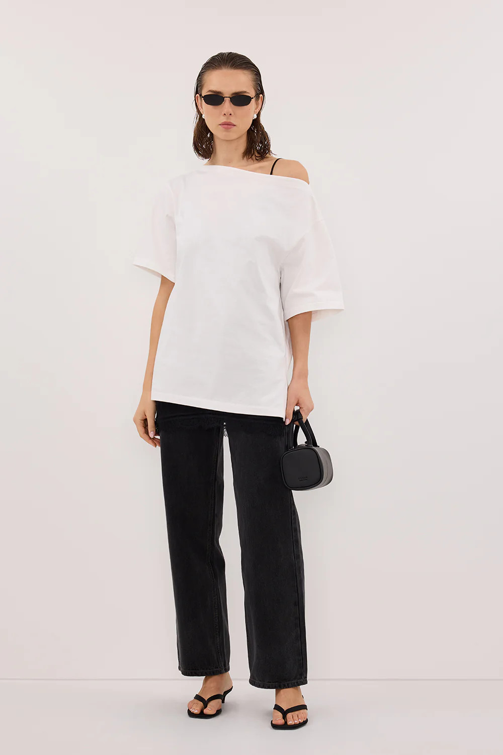 ESME WHITE ASYM BOAT NECK TEE | DISSH