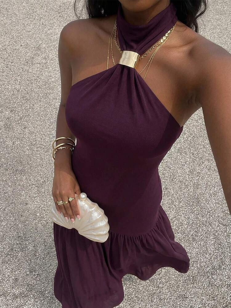 SHEIN Glamour Elegant Dress With Vintage Halter Neckline To Flatter Shoulder & Neck Lines, Backle... | SHEIN