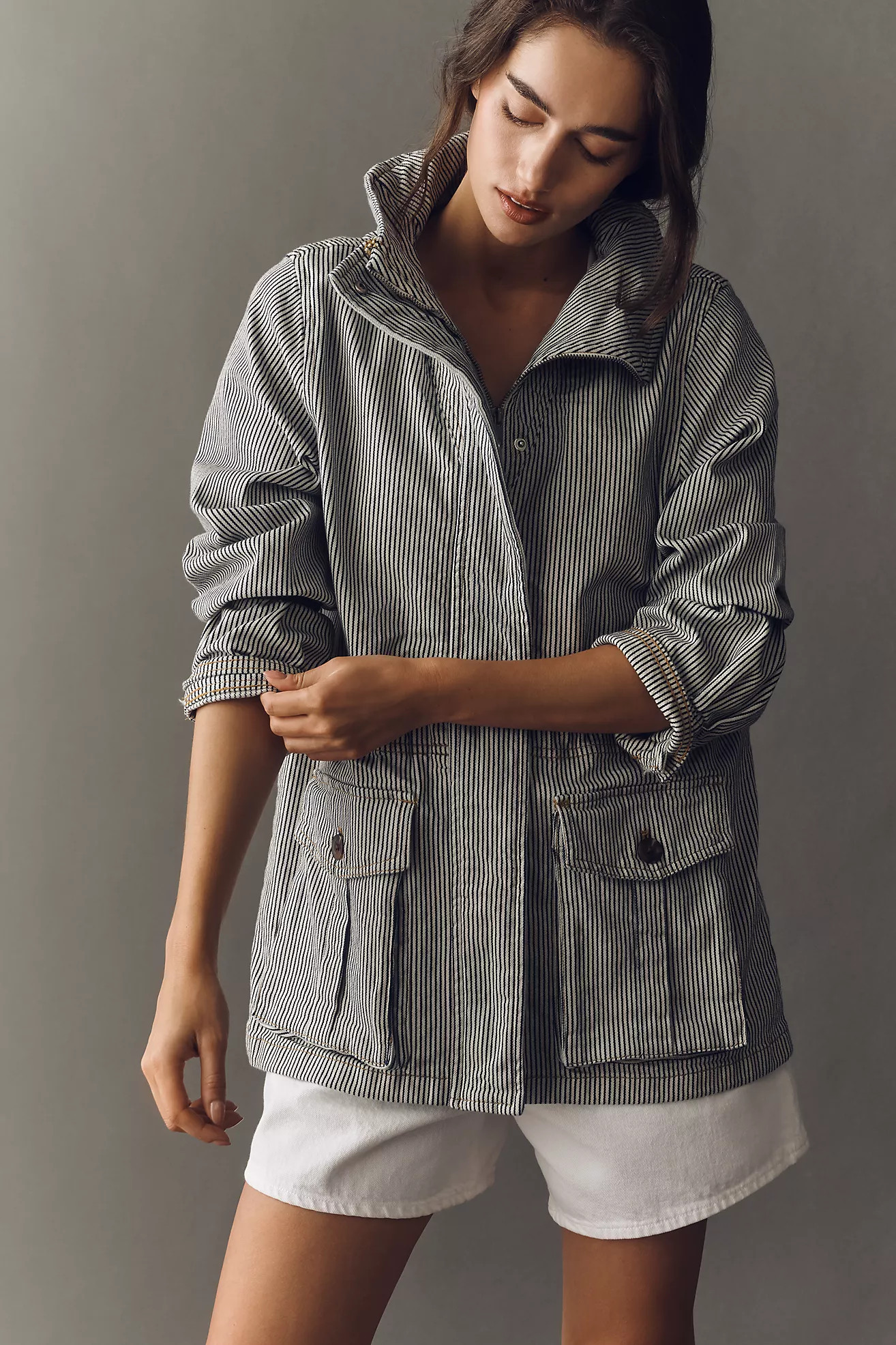 Maeve Sailor Stripe Denim Utility Jacket | Anthropologie (US)