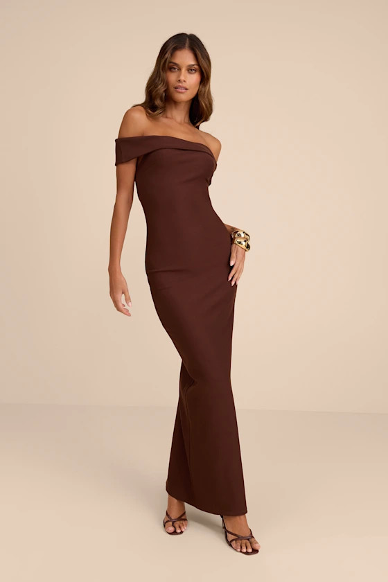 Chastain Brown Ponte Knit Off-the-Shoulder Maxi Dress | Lulus