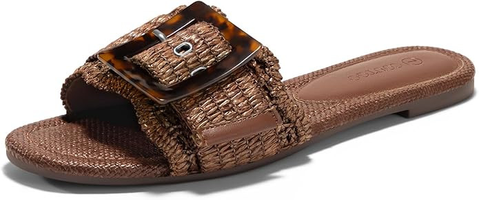 Coutgo Womens Flat Sandals Raffia Slip On Slide Sandal Square Open Toe Buckle Summer Beach Shoes ... | Amazon (US)