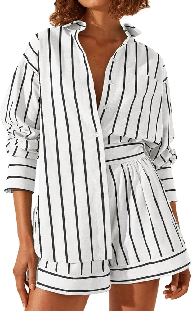 Tankaneo Womens 2 Piece Outfits Striped Long Sleeve Button Down Collared Shirt Matching Shorts Se... | Amazon (US)