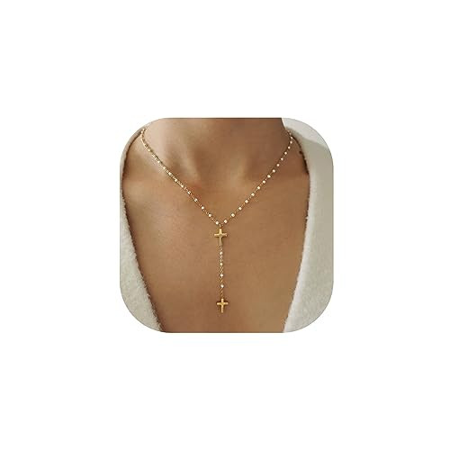 MONOZO Pearl Cross Necklace for Women, 14K Gold Plated Cross Necklace Dainty Pearl Gold Choker Necklace Aesthetic Pearl Y Necklace for Women Cross Necklace for Women Gold Jewelry for Women | Amazon (US)