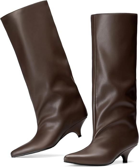 vivianly Knee High Boots for Women Pointed Toe Fold Over Black Boots Kitten Heel Comfortable for ... | Amazon (US)
