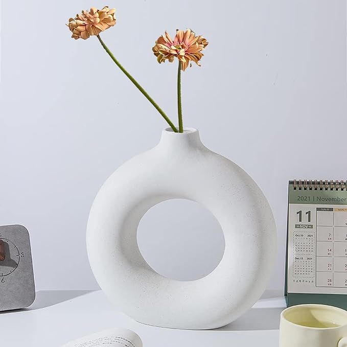 White Ceramic Vase for Home Decor Modern Home Decor,7.6" Donut Vase Round Matte Vase for Flowers,... | Amazon (US)