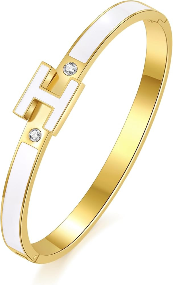 H Bracelet for Women - 18K Gold Plated Titanium Steel Cuff | Cubic Zirconia Bangle Jewelry Gift, ... | Amazon (US)