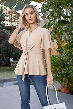 GRACE KARIN 2023 Women's Elegant Peplum Tops V Neck Tie Front Short Bell Sleeve Shirts Tops Blous... | Amazon (US)