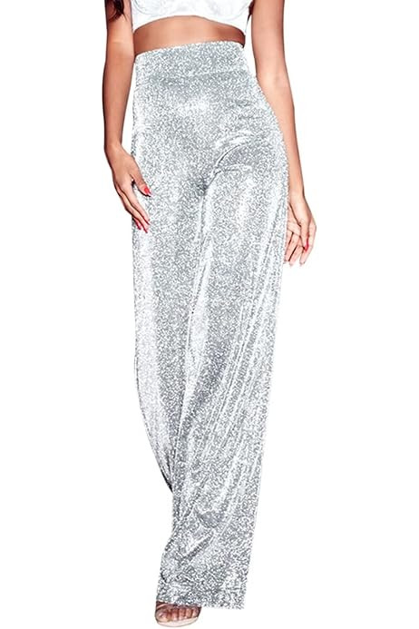 Velius Women's Sexy Metallic Sparkly Wide Leg Pants Trousers Clubwear | Amazon (US)