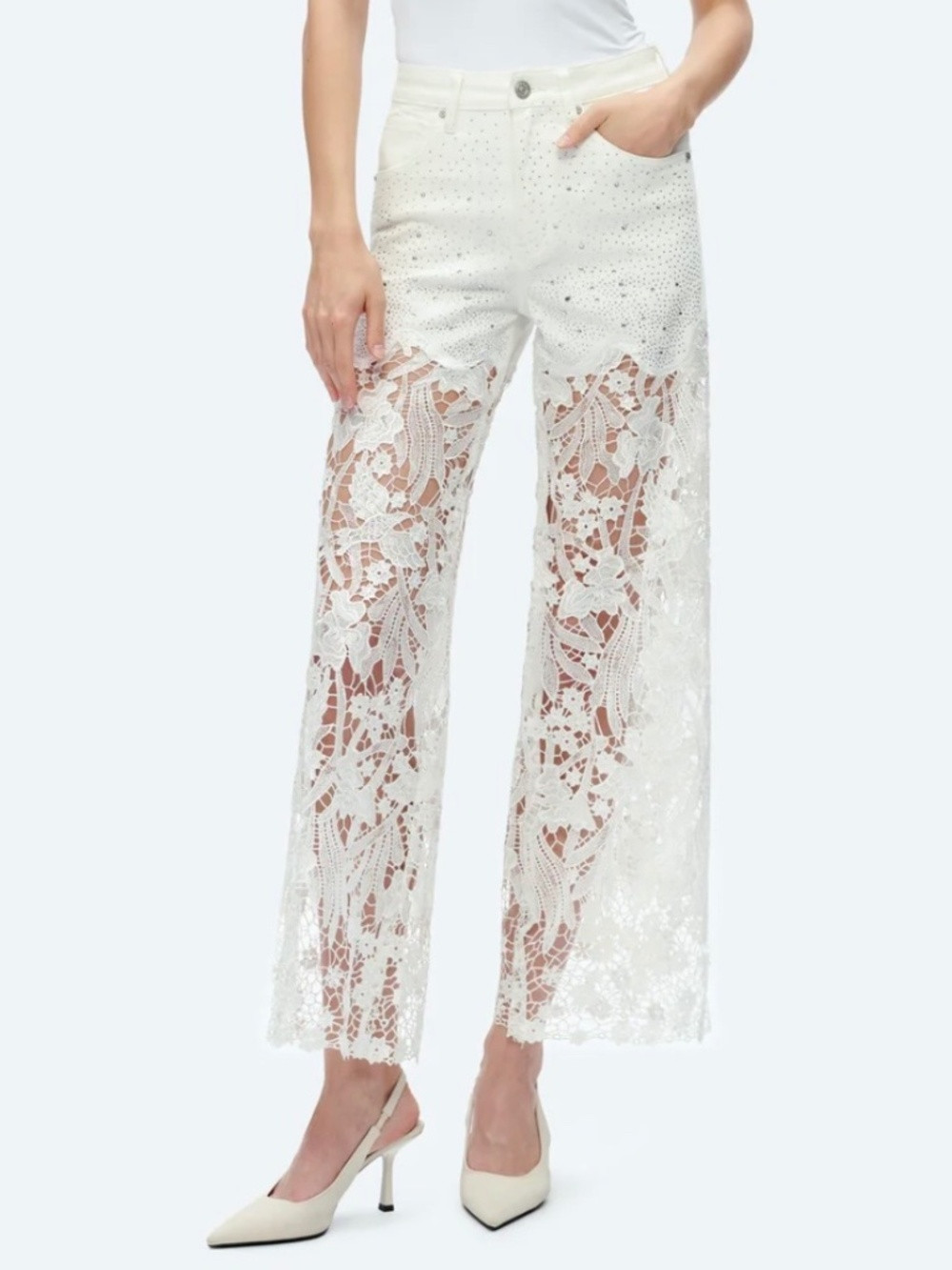 WHITE HIGH WAIST CRYSTAL EMBELLISHED CURVE HUGGING WIDE LEG LACE JEANS -NWT | Poshmark