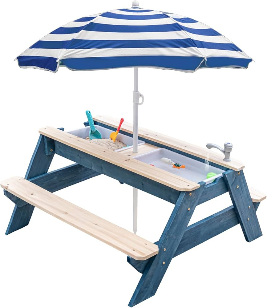 Kids 3-in-1 Sand & Water Table, Wood Outdoor Convertible Picnic Table w/Umbrella, 2 Trays, Remova... | Amazon (US)