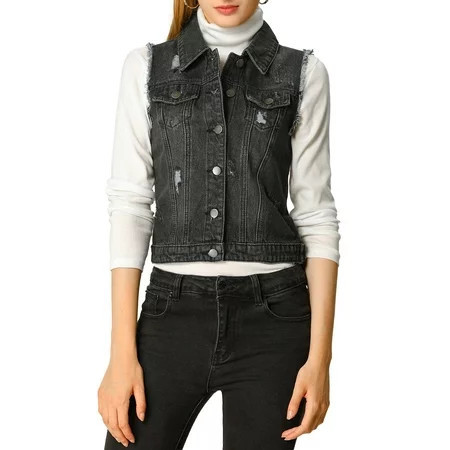 DARING DIVA Women s Denim Vests Collared Washed Distressed Jean Vest M Black | Walmart (US)