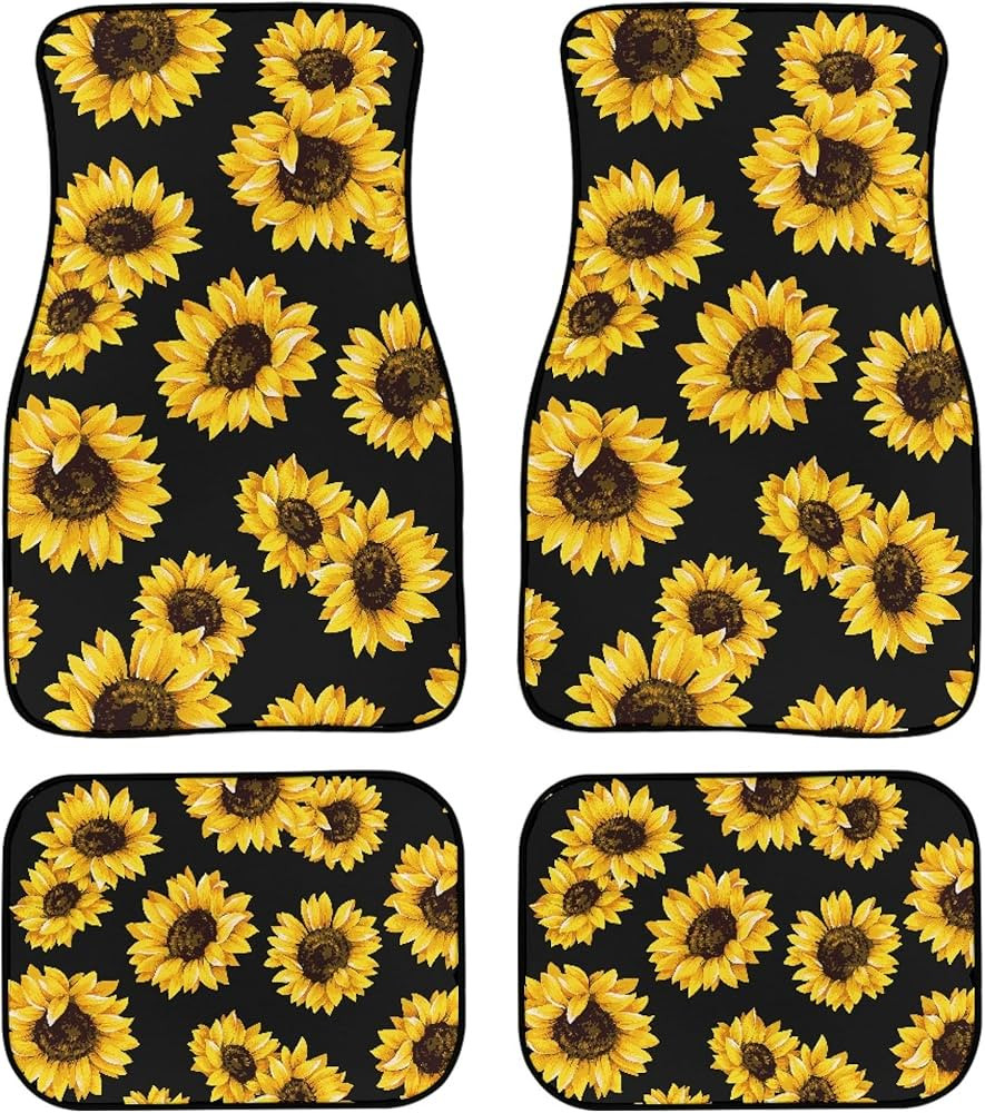Sunflower Car Floor Mats Set of 4, Cute Yellow Flowers on Black Background Floral Vehicle Front R... | Amazon (US)