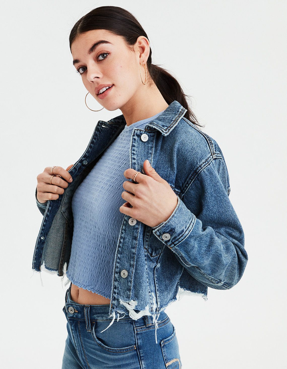 AE Raw Hem Cropped Denim Jacket | American Eagle Outfitters (US & CA)