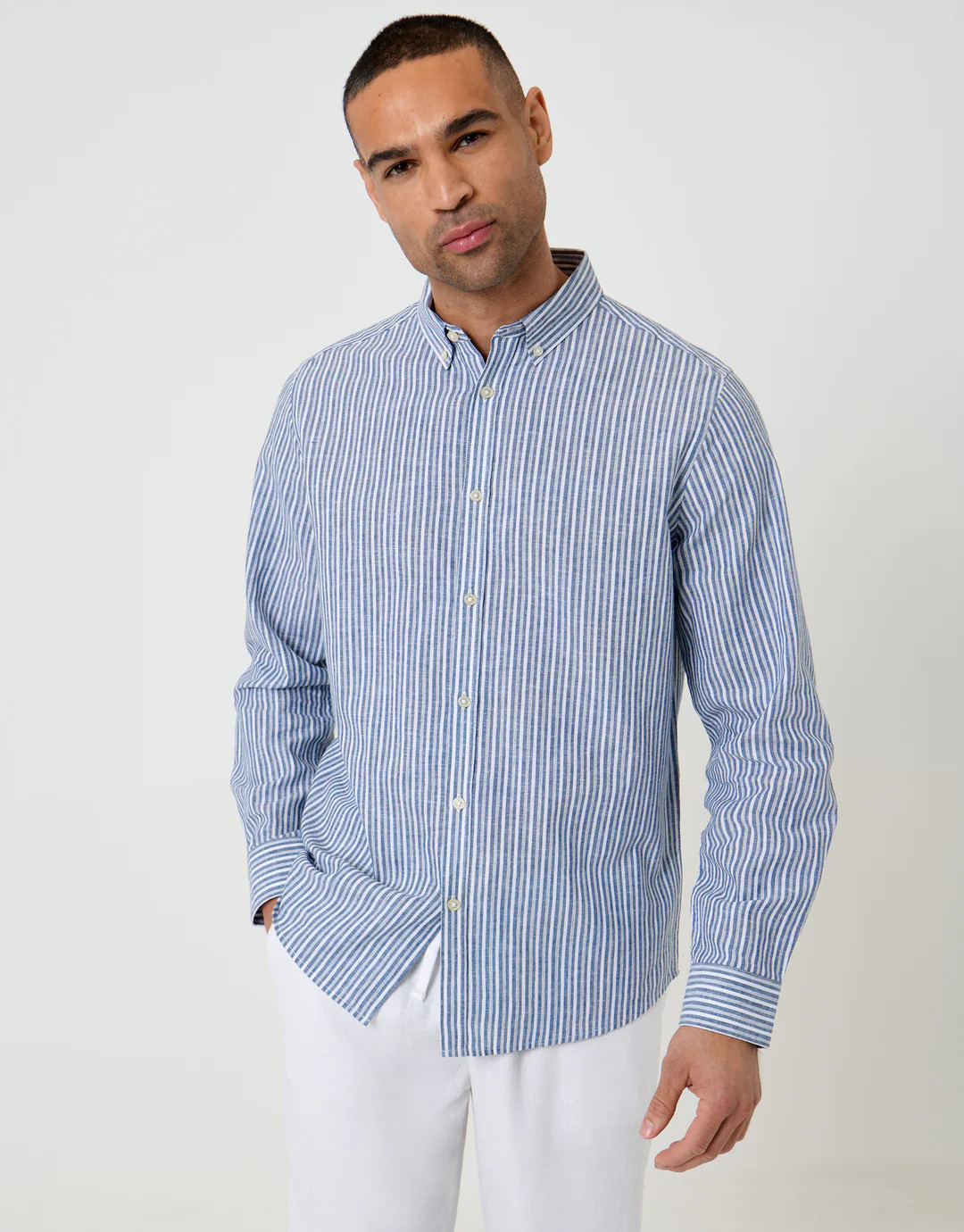 Linen Cotton Blend Long Sleeve Shirt in Blue Stripe | Threadbare UK