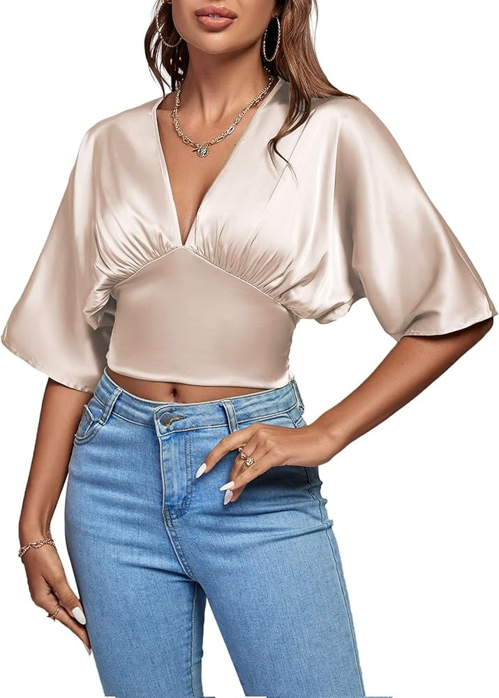 LYANER Women's Satin Deep V Neck Ruched Blouse Shirred Back Batwing Short Sleeve Crop Top | Amazon (US)